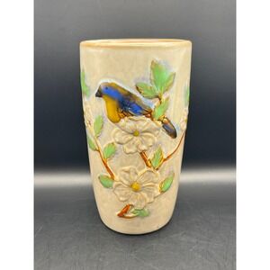 Vintage Burton & Burton Vase Bluebird Floral‎ Ceramic Embossed Bird Flower 7.5"